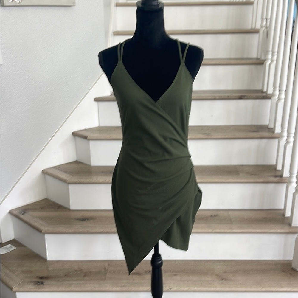 A'gaci Green Asymmetrical Ruched Bodycon Dress